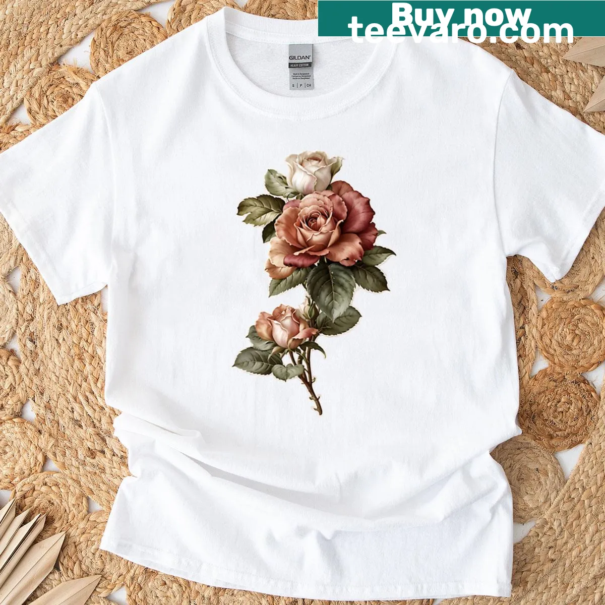 Floral pattern T-shirt featuring tea roses illustration and texture — on a men's t-shirt