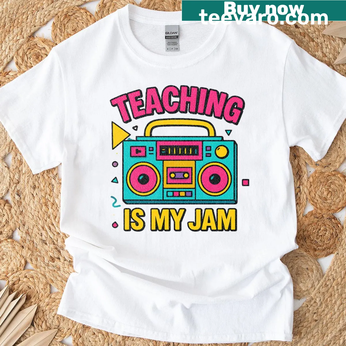 Funny retro T-shirt for teachers with the phrase 'Teaching Is My Jam' — on a men's t-shirt