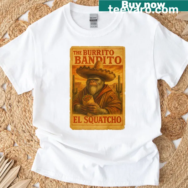 Quirky T-shirt featuring Bigfoot with a sombrero and burrito illustration