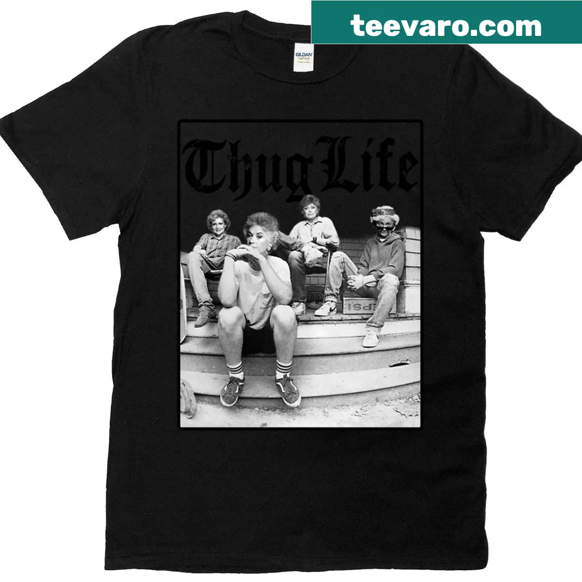 Funny t-shirt featuring Golden Girls theme with 'Thug Life' text — on a men's t-shirt