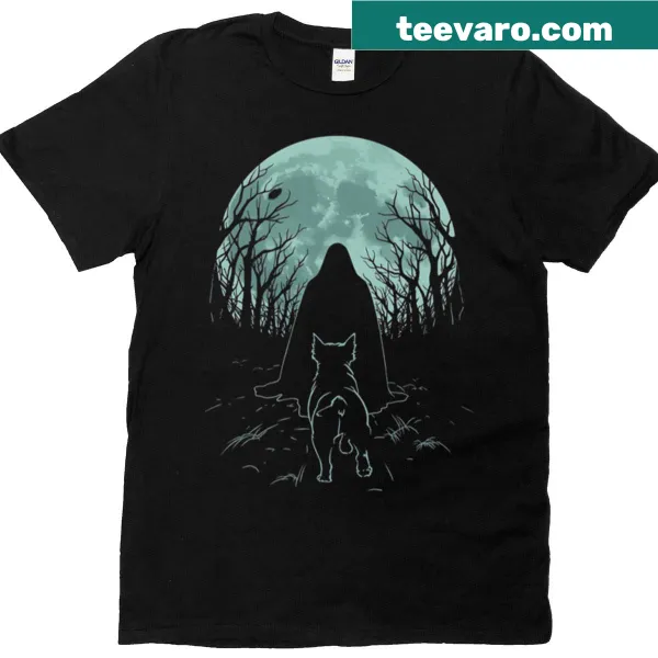 Illustrated T-shirt featuring a giant in a moonlit standoff