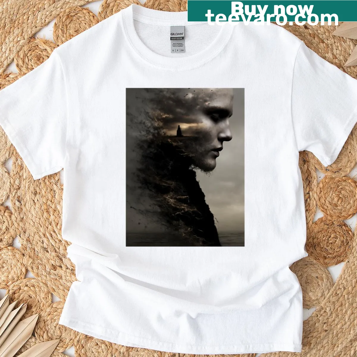 Illustrated t-shirt with the phrase about the sea and its tranquility — on a men's t-shirt