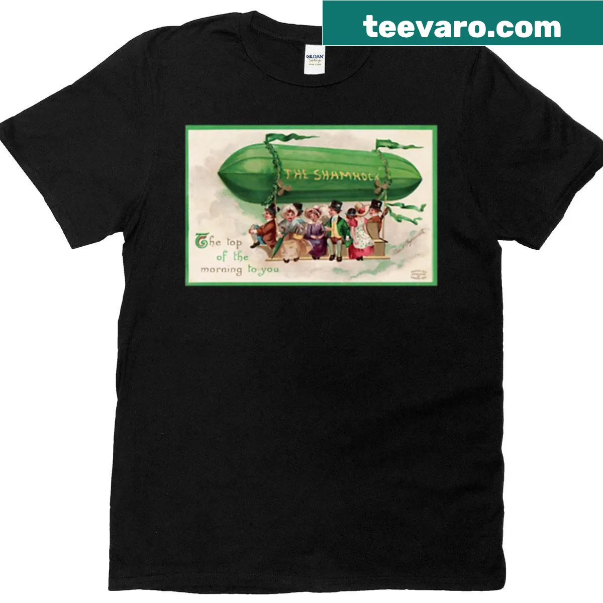 Vintage postcard design t-shirt featuring a shamrock airship — on a men's t-shirt