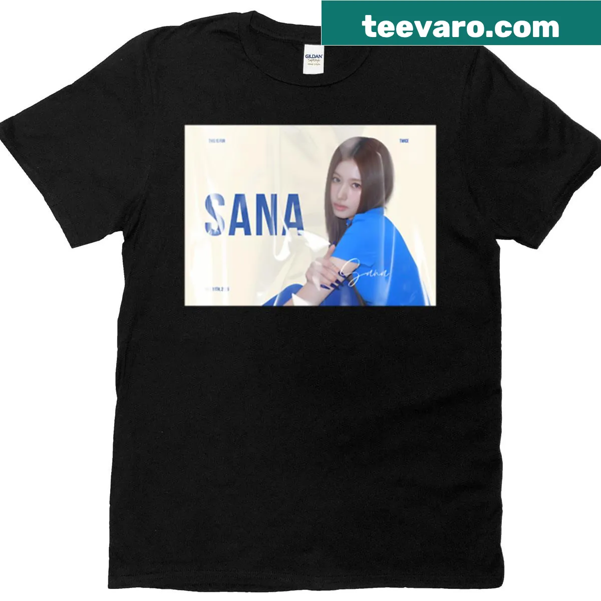 Illustrative t-shirt featuring a graphic of Sana from Twice. — on a men's t-shirt