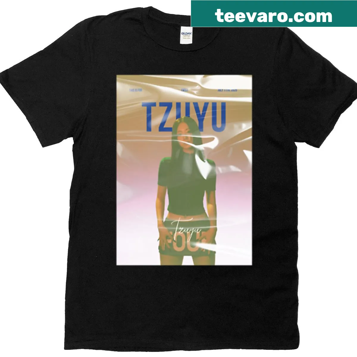 Illustrative t-shirt featuring a graphic of Tzuyu from Twice. — on a men's t-shirt