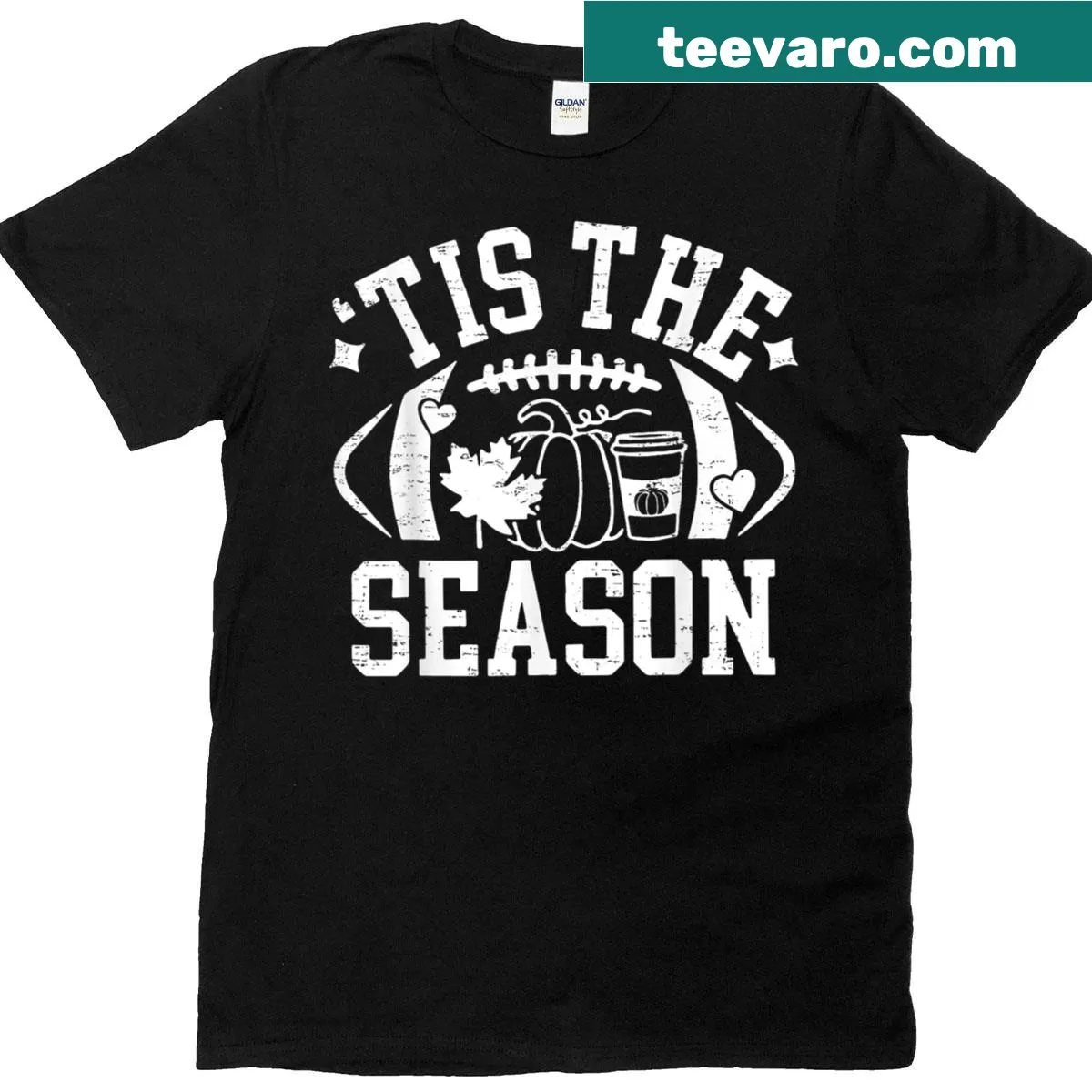 Festive T-shirt featuring football and pumpkin spice design — on a men's t-shirt