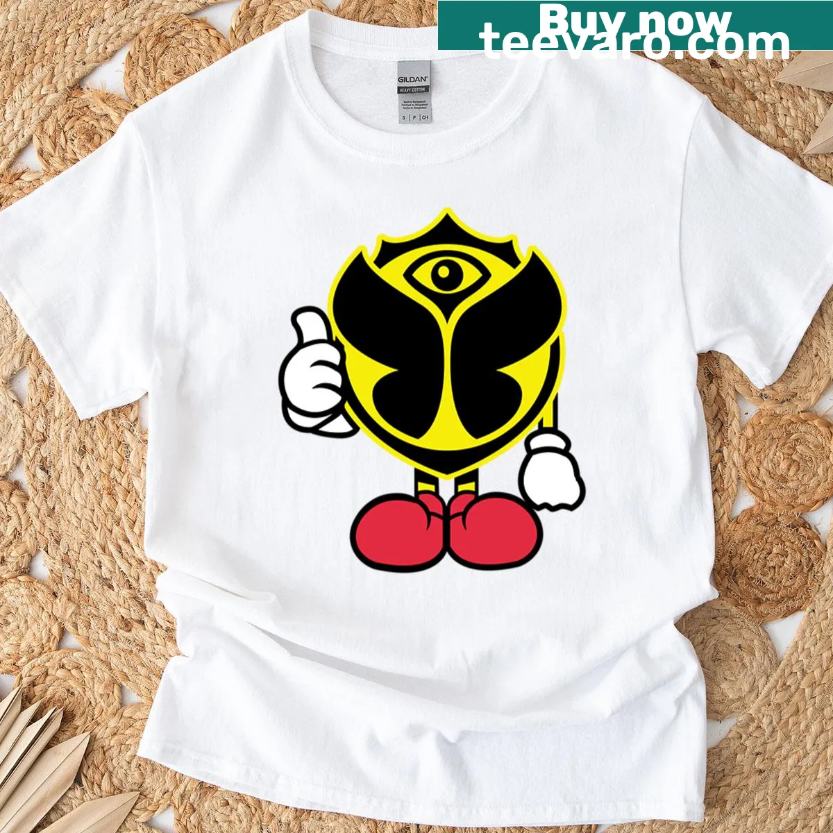 Tomorrowland festival mascot t-shirt with a lively cartoon design — on a men's t-shirt