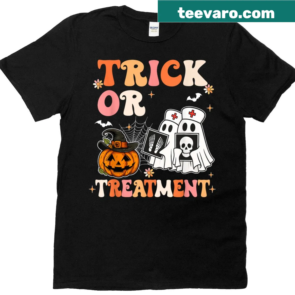 Ghost nurse Halloween T-shirt with Trick Or Treatment text — on a men's t-shirt