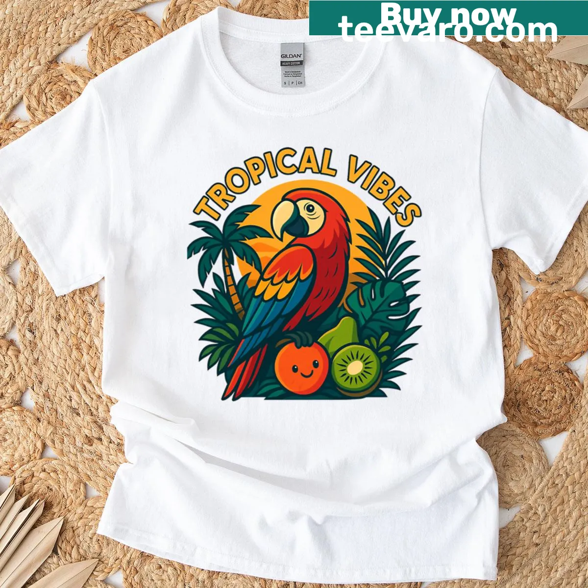 T-shirt featuring a parrot with jungle fruits in a tropical design — on a men's t-shirt