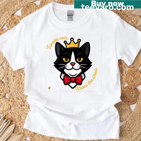 Playful graphic of tuxedo cats on a T-shirt