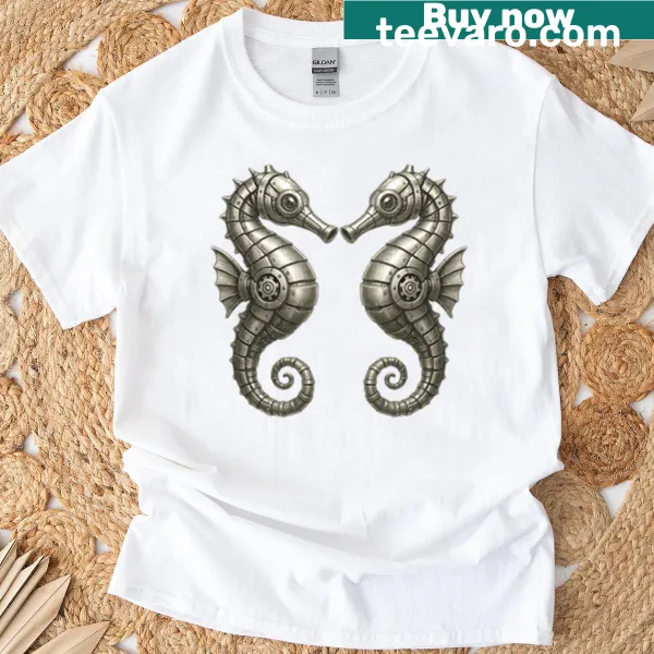 Silhouette of two robotic seahorses in a mirror image on a T-shirt