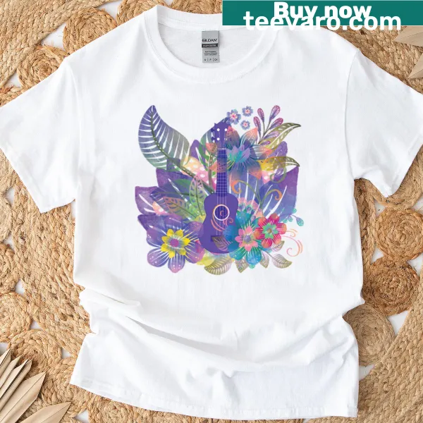 Illustrated ukulele surrounded by flowers on a T-shirt