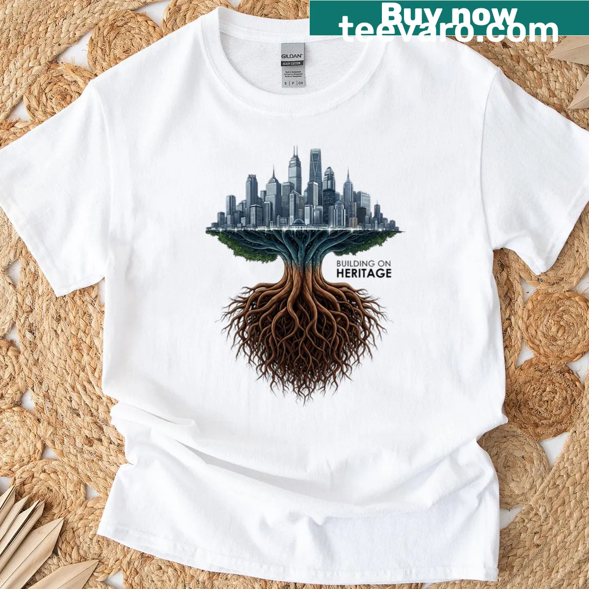 City tree art representing heritage on an urban-themed t-shirt — on a men's t-shirt