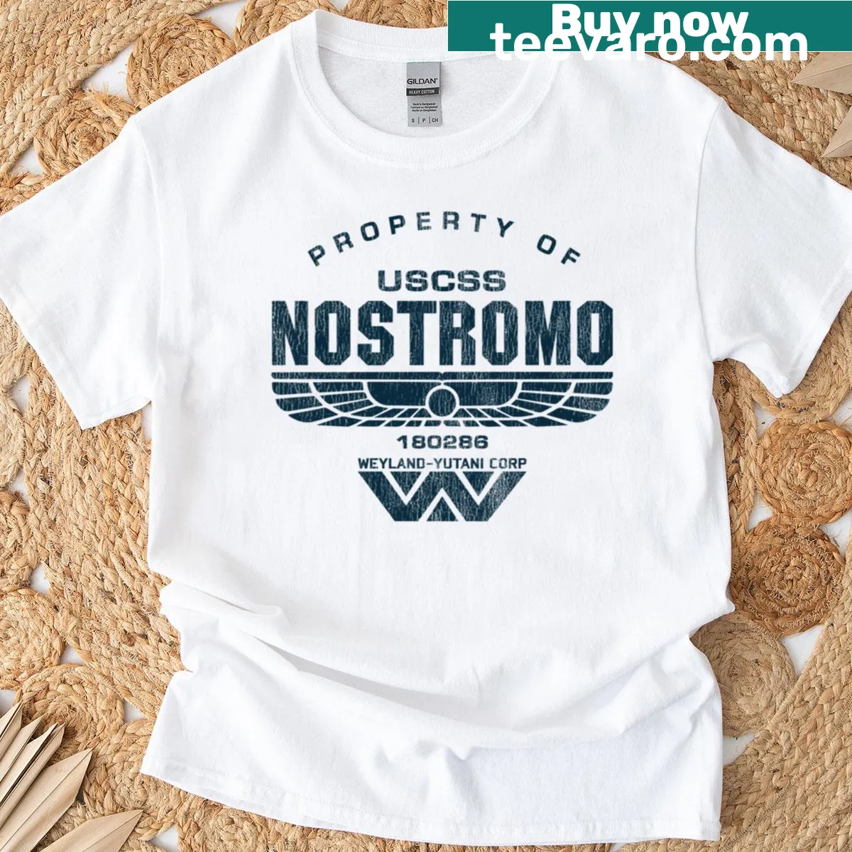 Worn-style USS Nostromo t-shirt for sci-fi movie fans — on a men's t-shirt