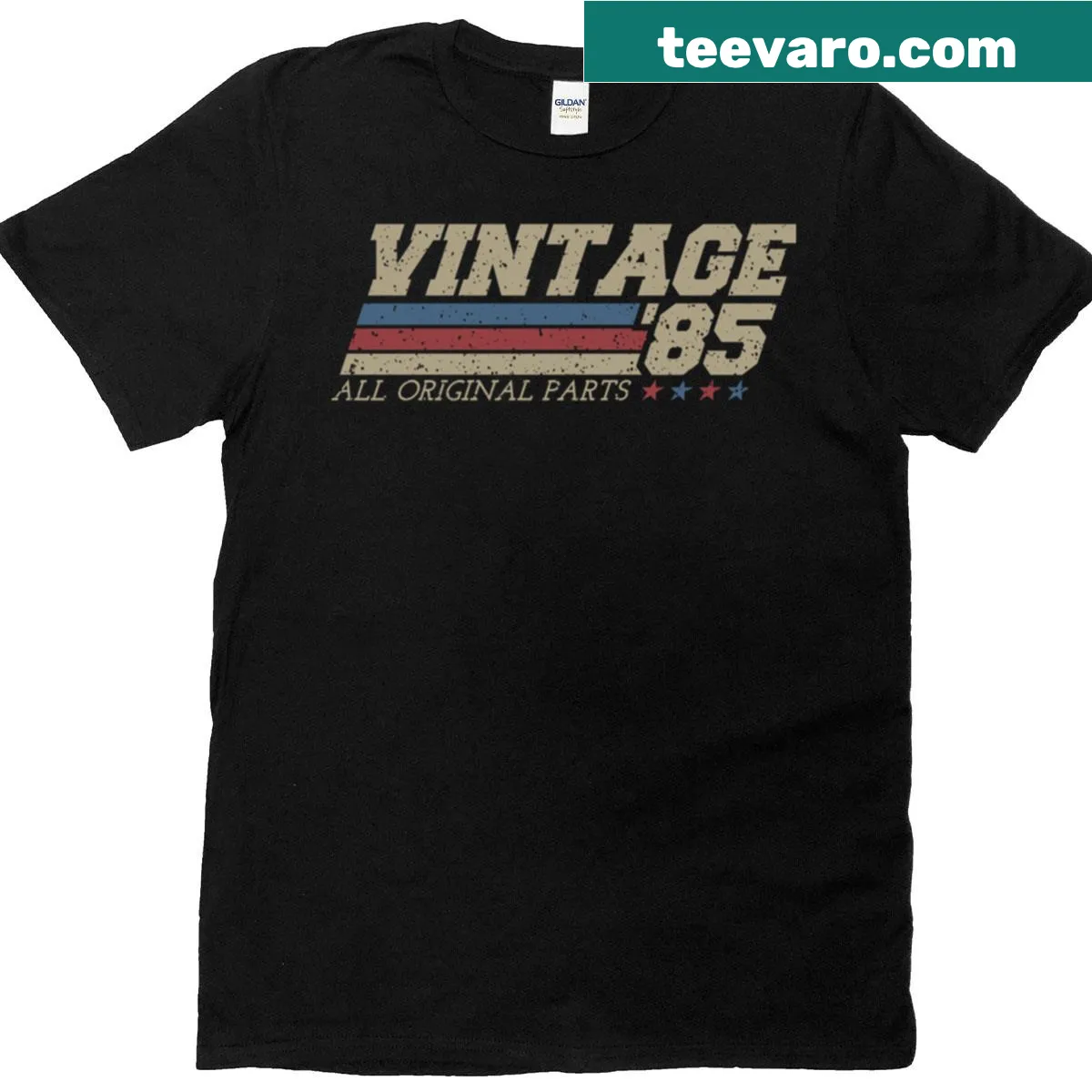Vintage 1985 40th birthday t-shirt with funny 'All Original Parts' design — on a men's t-shirt