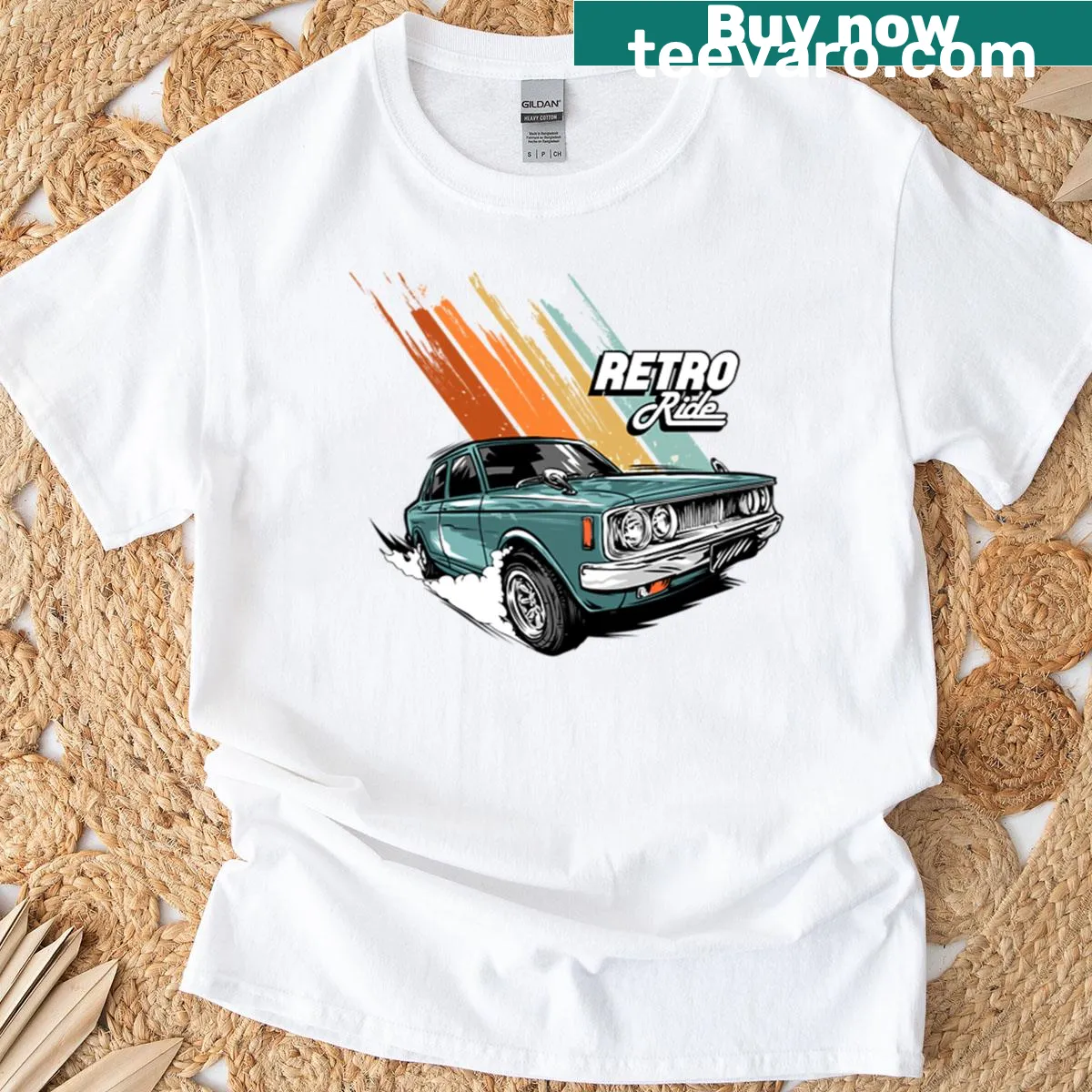 Vintage design featuring a classic blue car for car enthusiasts — on a men's t-shirt