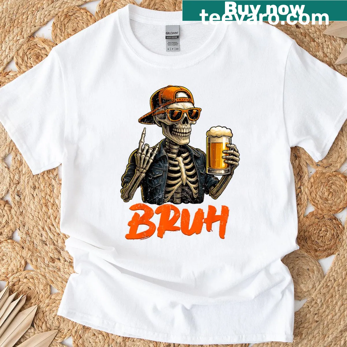 Cartoon skeleton rock hand graphic on a Halloween T-shirt — on a men's t-shirt