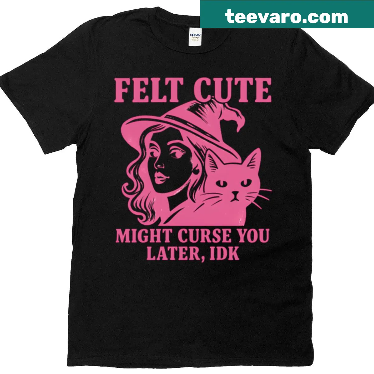 Vintage t-shirt featuring a pink witch and humorous saying — on a men's t-shirt