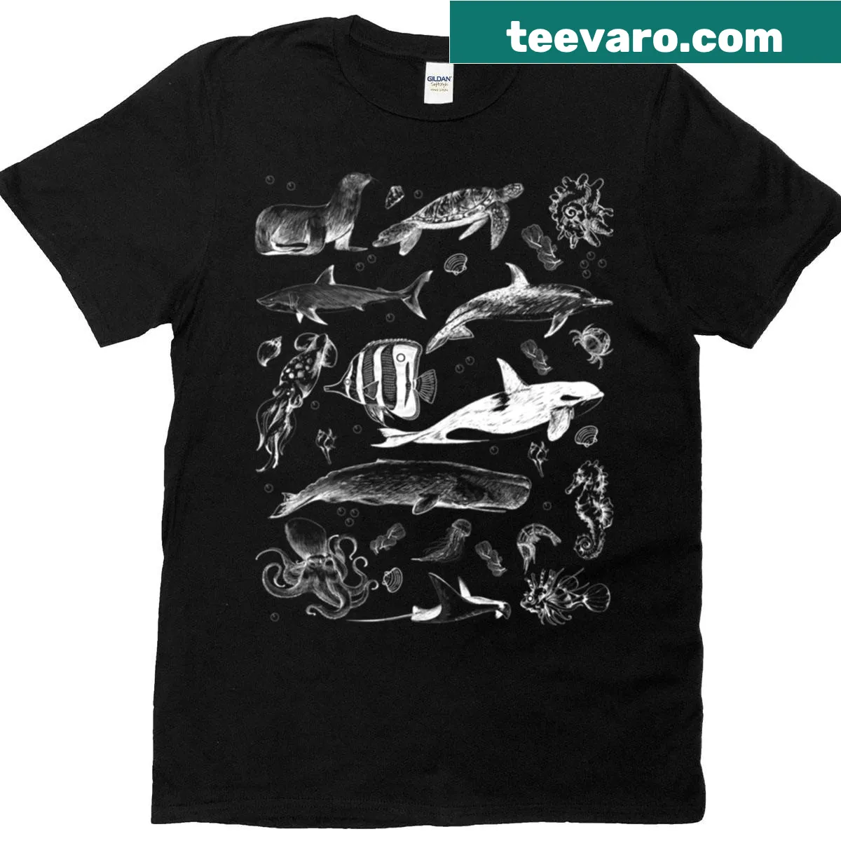 Vintage 90s sea animal design featuring whale, dolphin, and turtle — on a men's t-shirt