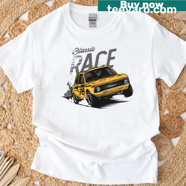 Vintage-style T-shirt featuring a distressed graphic of a yellow car
