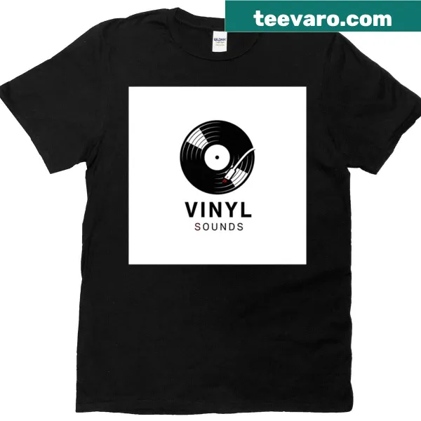 T-shirt featuring an illustration of vinyl records