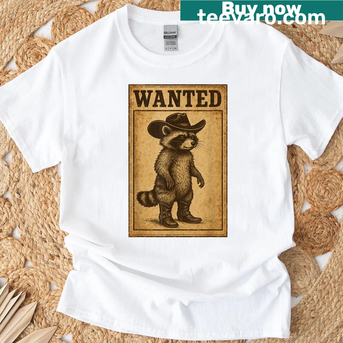 Cartoon raccoon in a cowboy hat with a funny expression — on a men's t-shirt