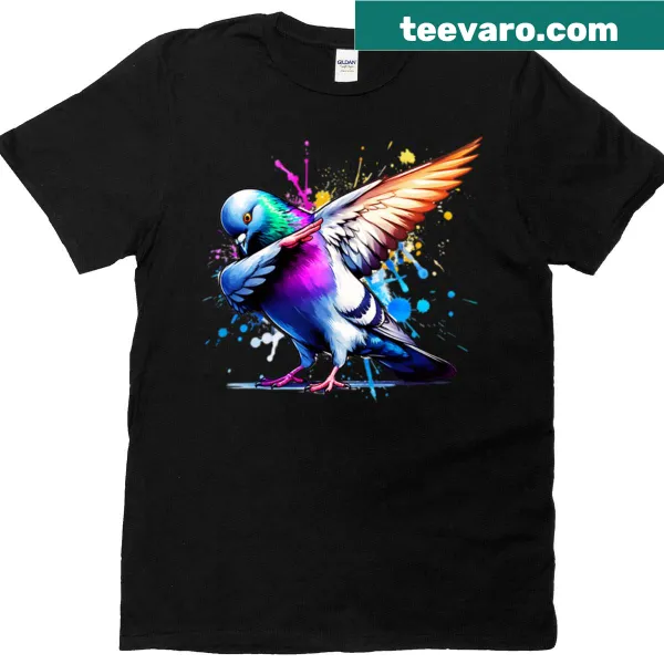 Whimsical watercolor dabbing pigeon graphic on T-shirt