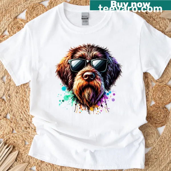 Watercolor depiction of a Wirehaired Pointing Griffon in sunglasses