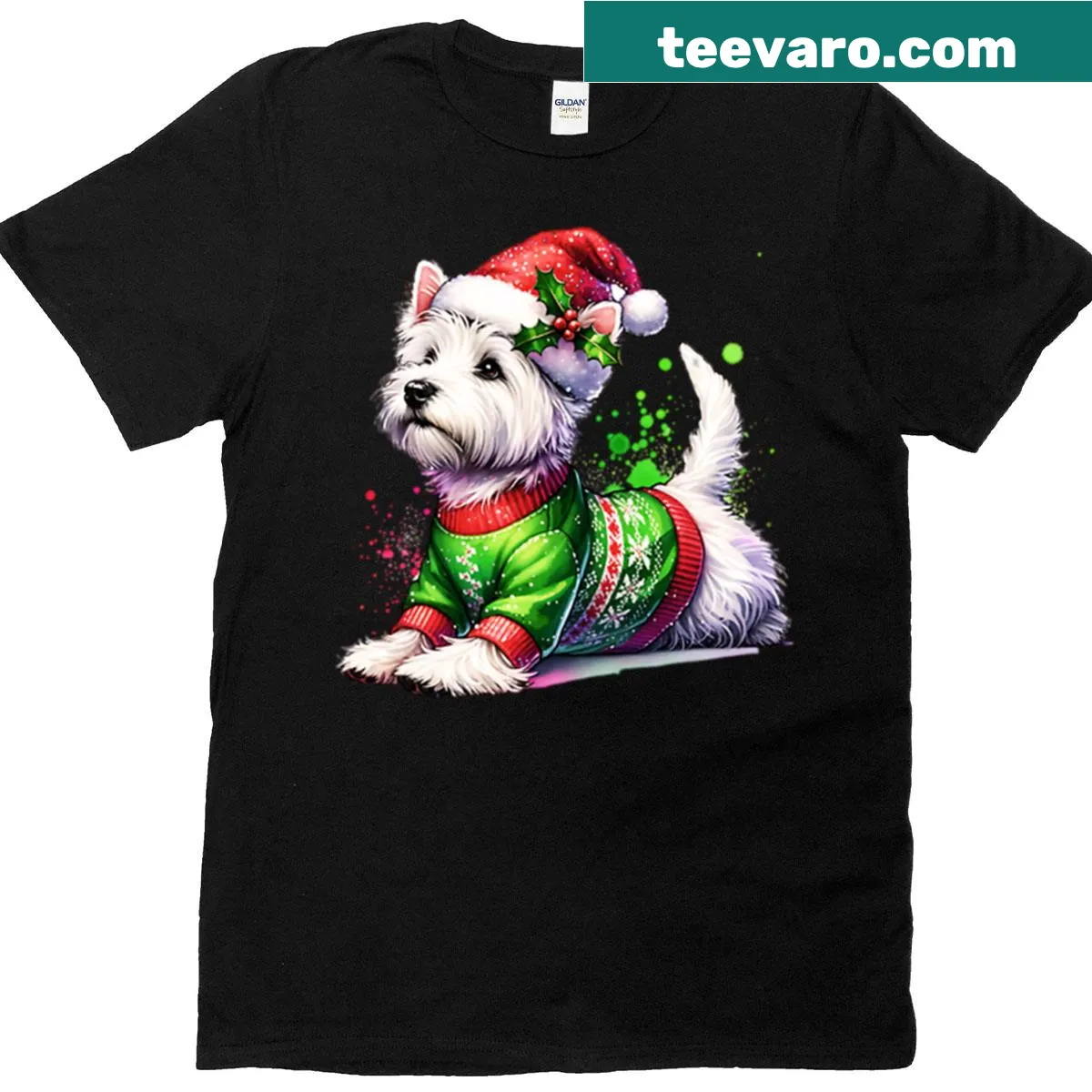 Christmas-themed T-shirt with a West Highland White Terrier graphic — on a men's t-shirt