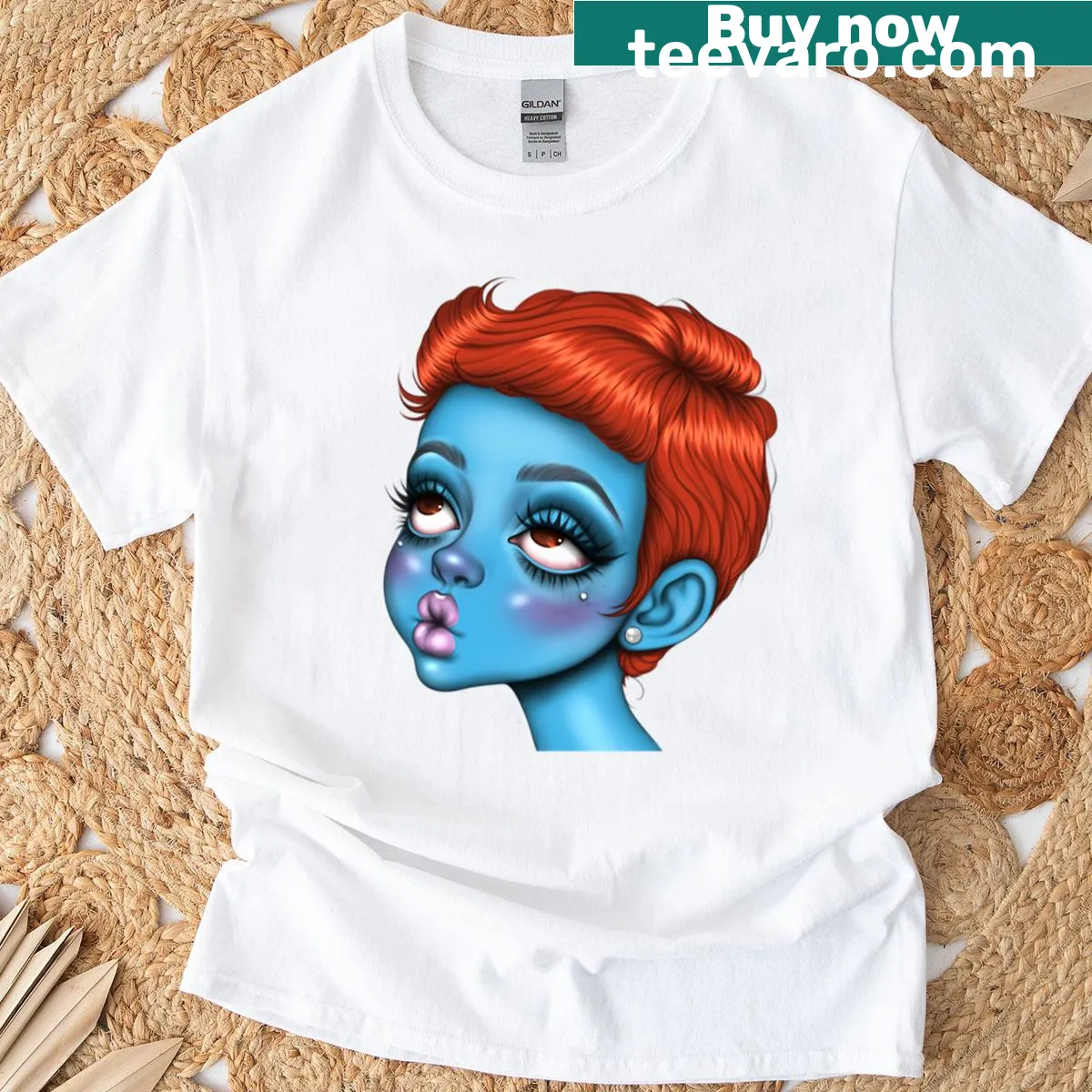 Surreal portrait of a girl with blue skin and orange hair on a t-shirt. — on a men's t-shirt