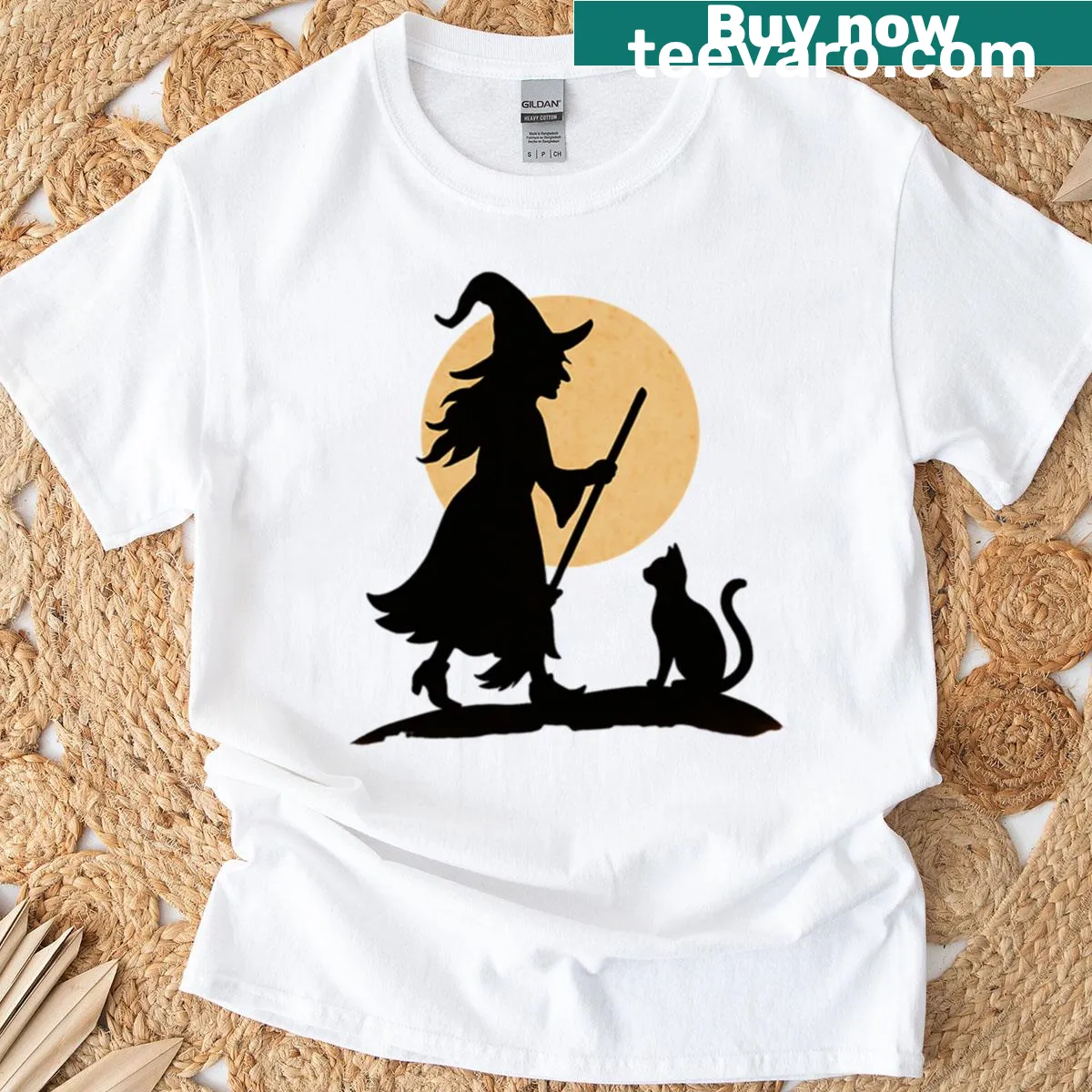 Silhouette of a witch with a cat for Halloween-themed shirt. — on a men's t-shirt