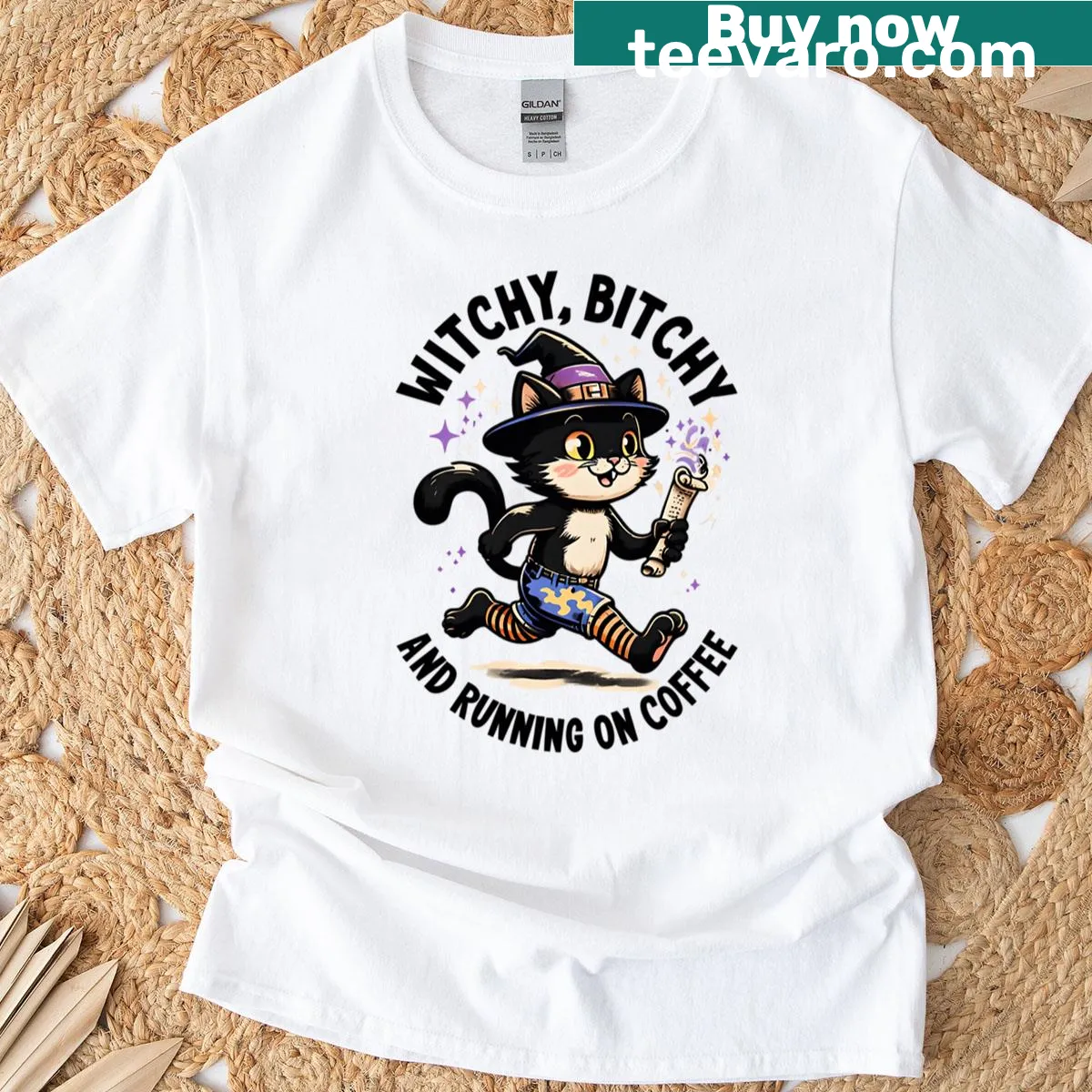 Cute black cat in Halloween hat graphic — on a men's t-shirt