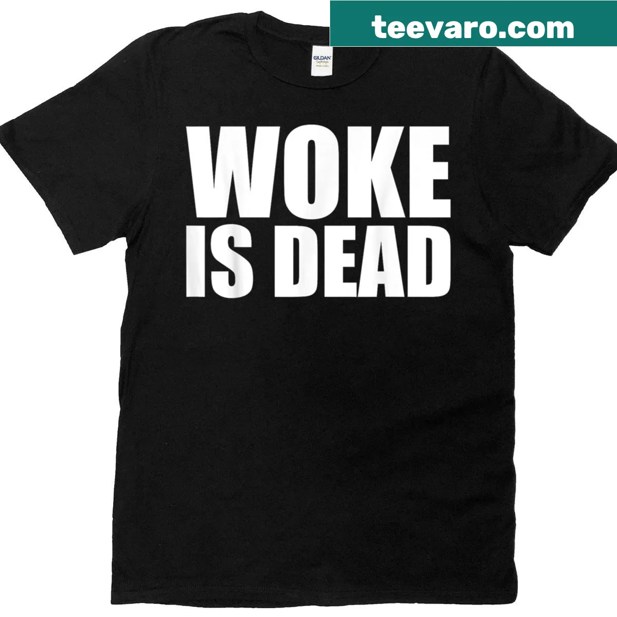 Slogan T-shirt with the phrase 'Woke Is Dead' in bold letters — on a men's t-shirt