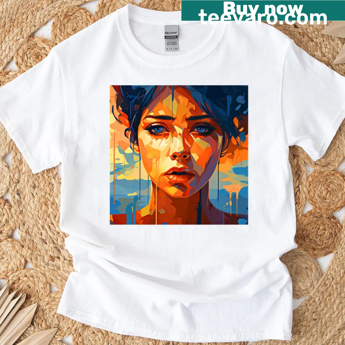 Futuristic digital art t-shirt featuring a woman with blue eyes. — on a men's t-shirt