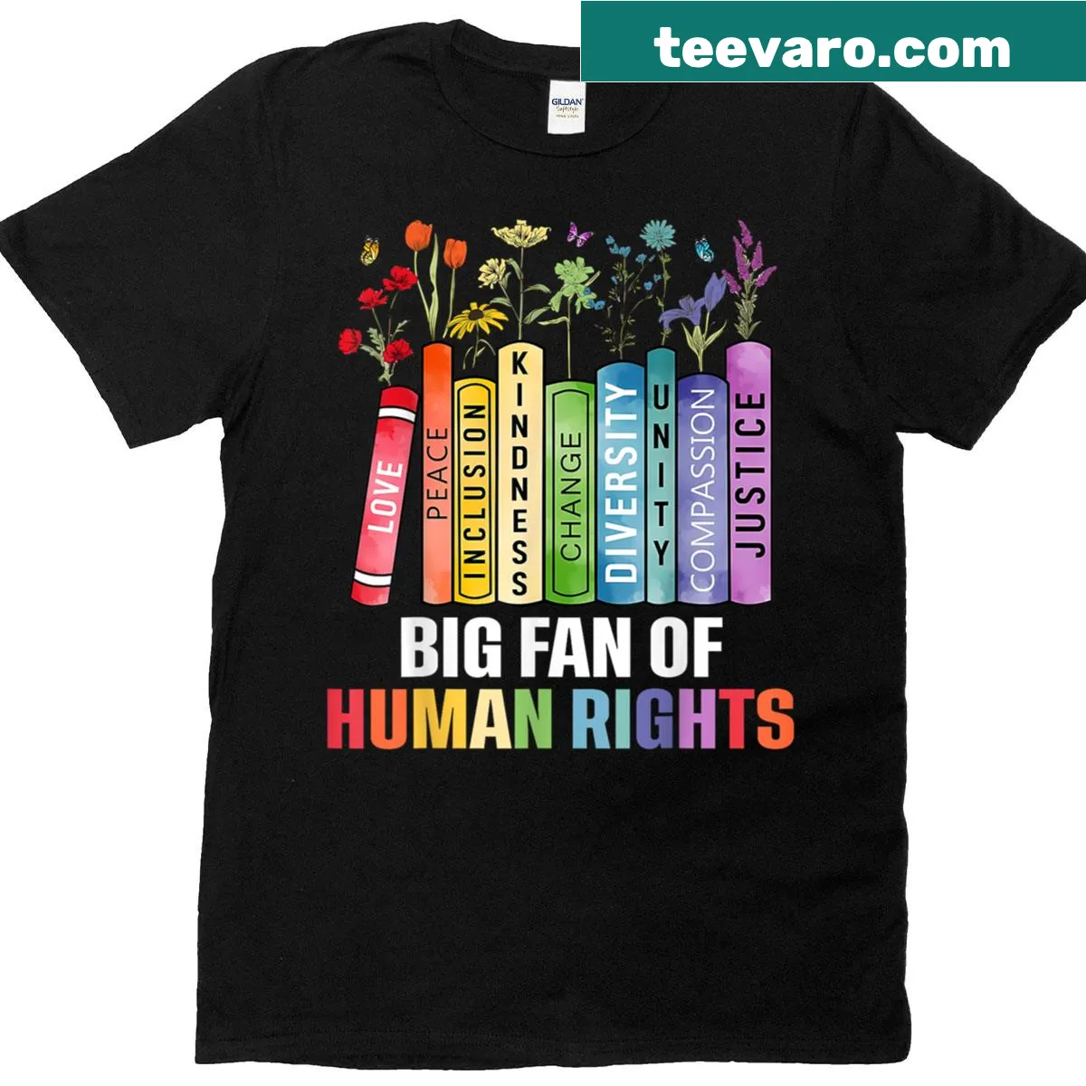 Floral book design t-shirt stating 'Big Fan Of Human Rights' — on a men's t-shirt