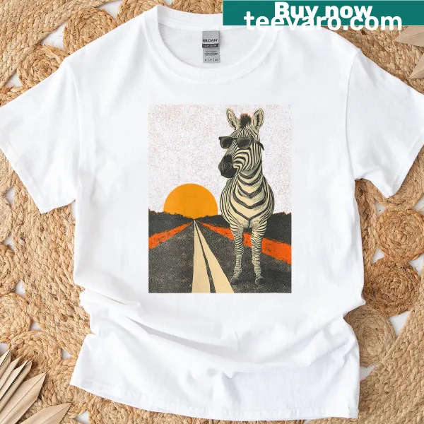 Vintage-inspired T-shirt with a zebra standing on a road
