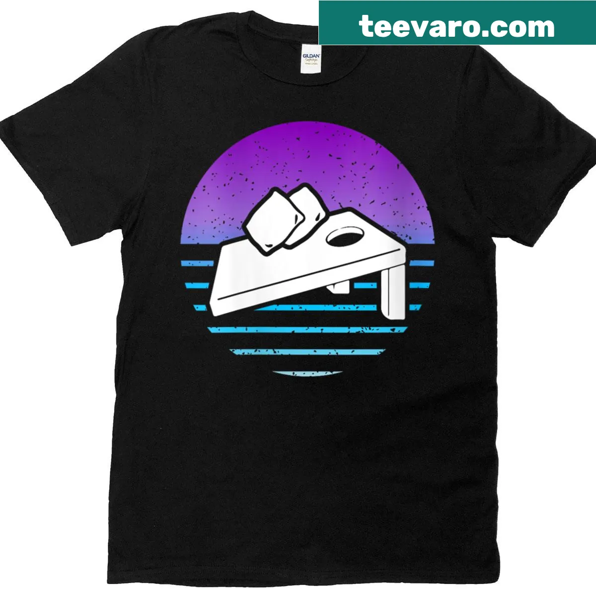 Retro-style cornhole player t-shirt with sunset graphics — on a men's t-shirt
