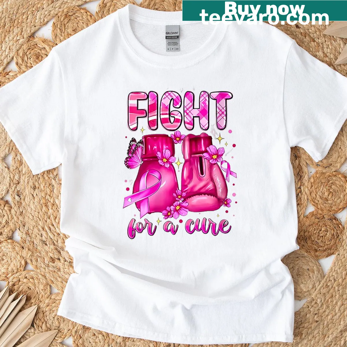 Pink boxing gloves design on a breast cancer awareness T-shirt — on a men's t-shirt