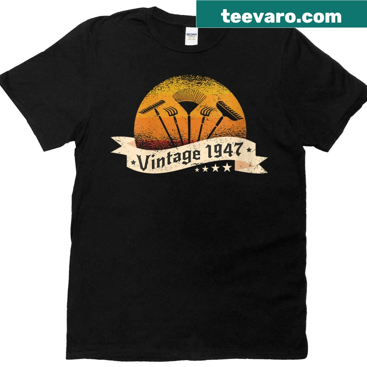 Vintage gardening-themed t-shirt for those born in 1947 — on a men's t-shirt