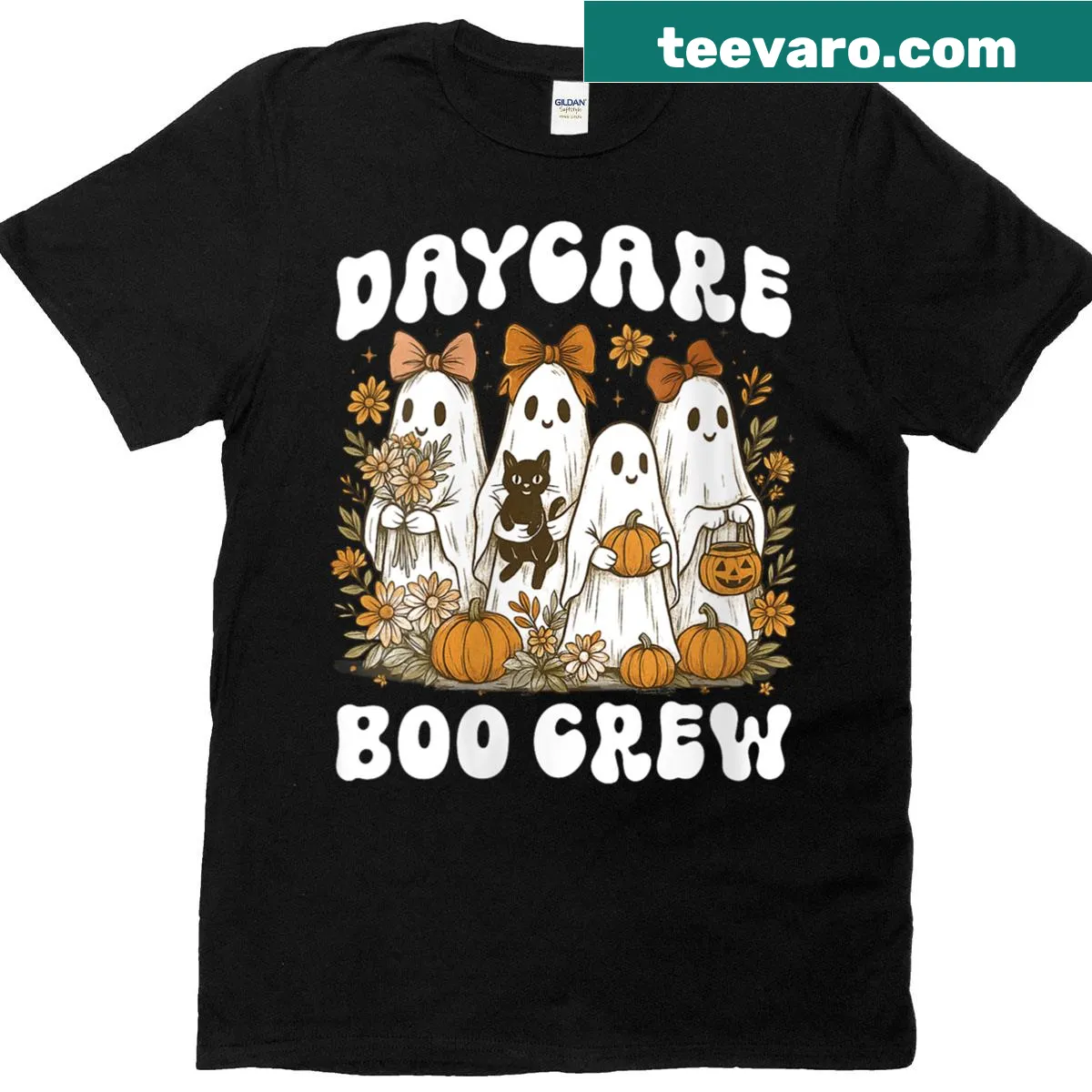 Illustrated Halloween teacher t-shirt with friendly ghosts and floral elements — on a men's t-shirt