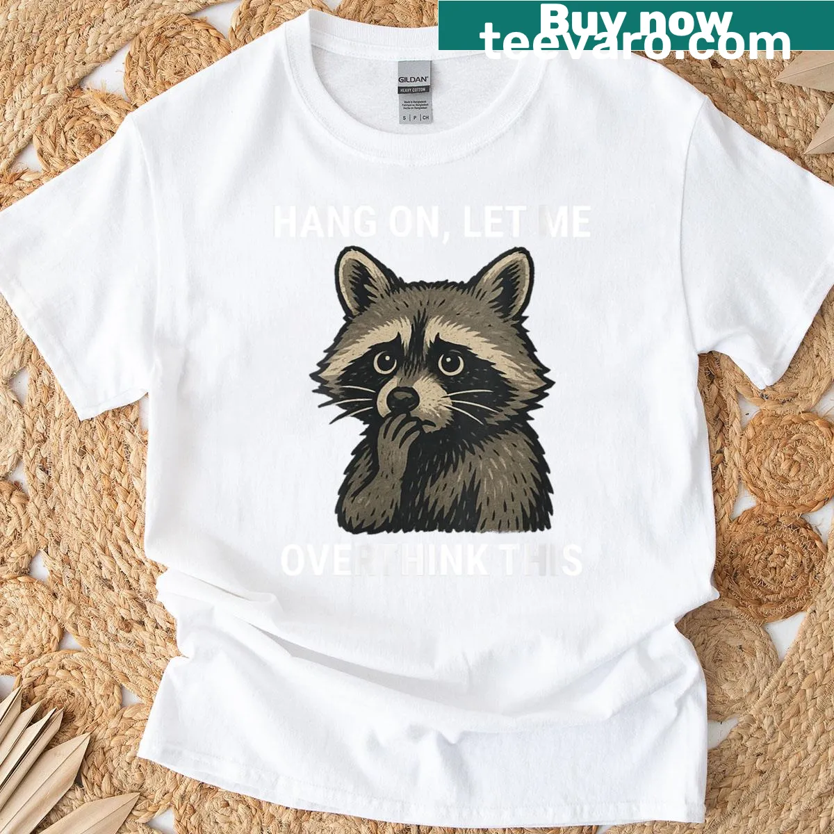 Funny t-shirt with a raccoon and an overthinking quote — on a men's t-shirt