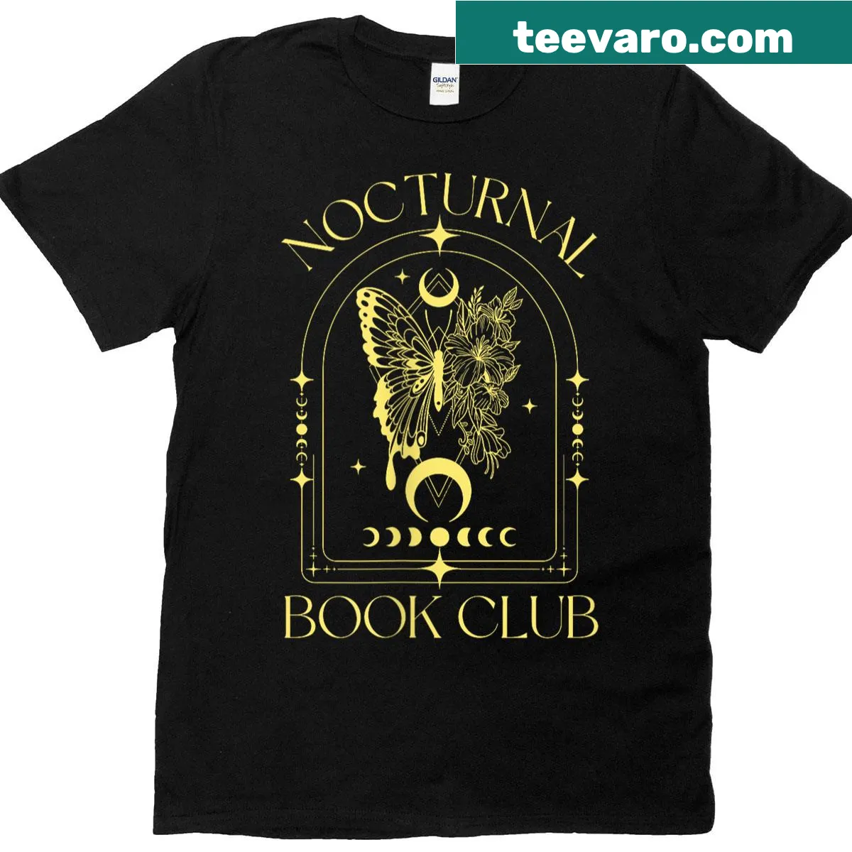 Artistic t-shirt featuring a moon design and nocturnal book club theme — on a men's t-shirt
