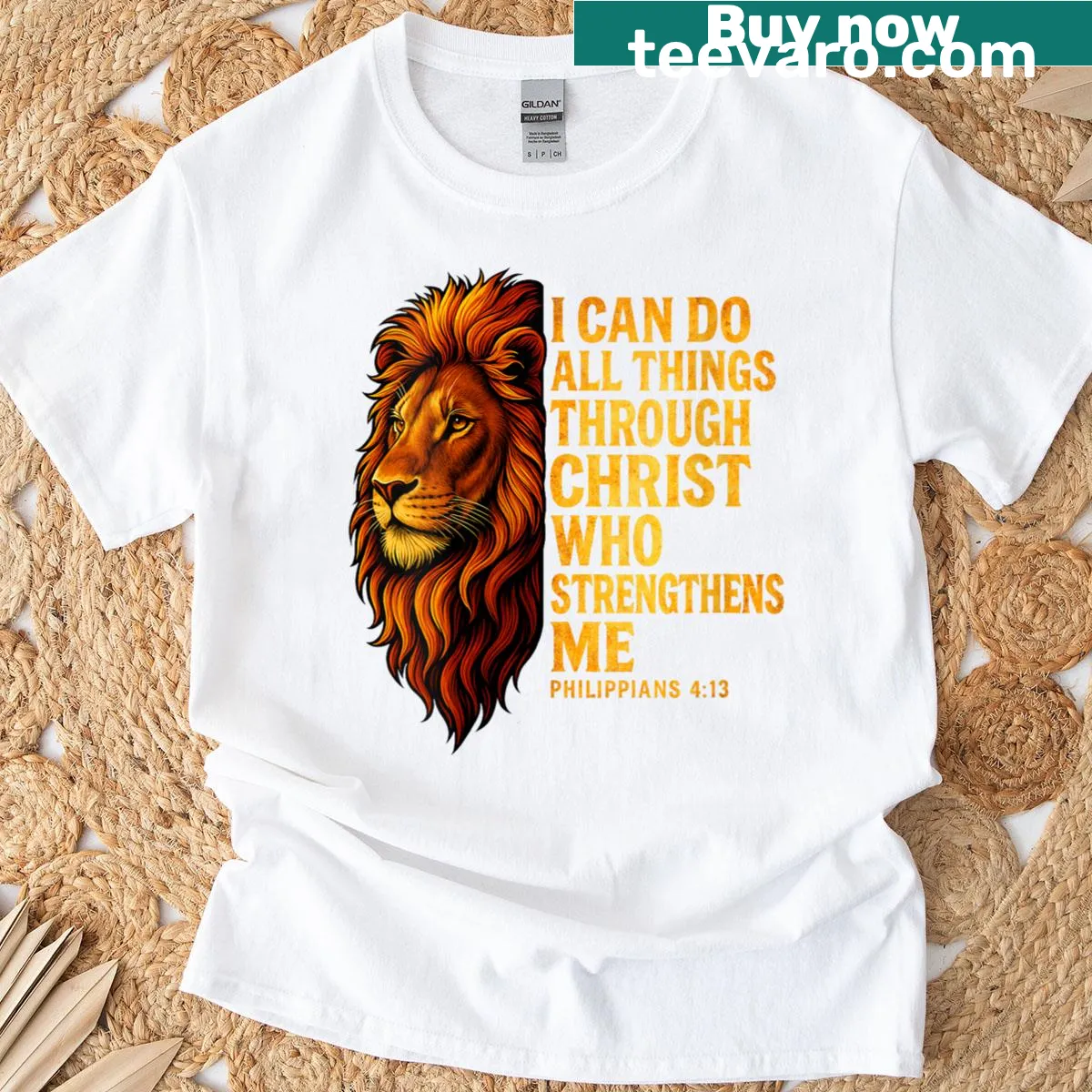 Philippians 4:13 lion graphic t-shirt for women — on a men's t-shirt