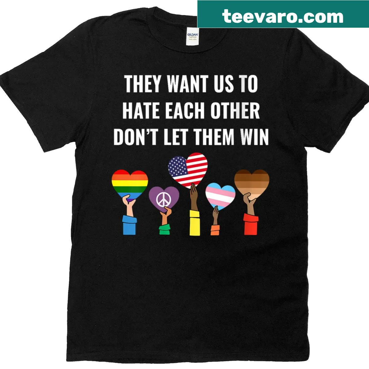 Typographic shirt with the phrase about unity and not letting hate win. — on a men's t-shirt