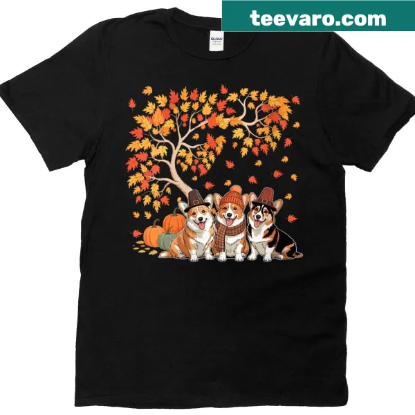 Illustration of three corgis with pumpkins under a fall tree for Thanksgiving.