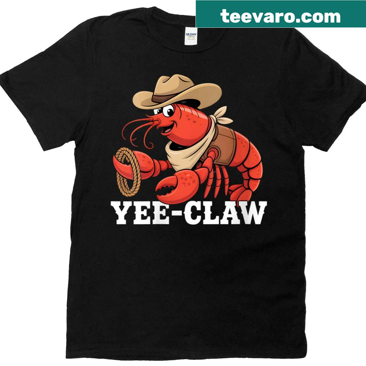 Funny lobster and crawfish graphic on a T-shirt with 'Yee Claw Cowboy' text. — on a men's t-shirt