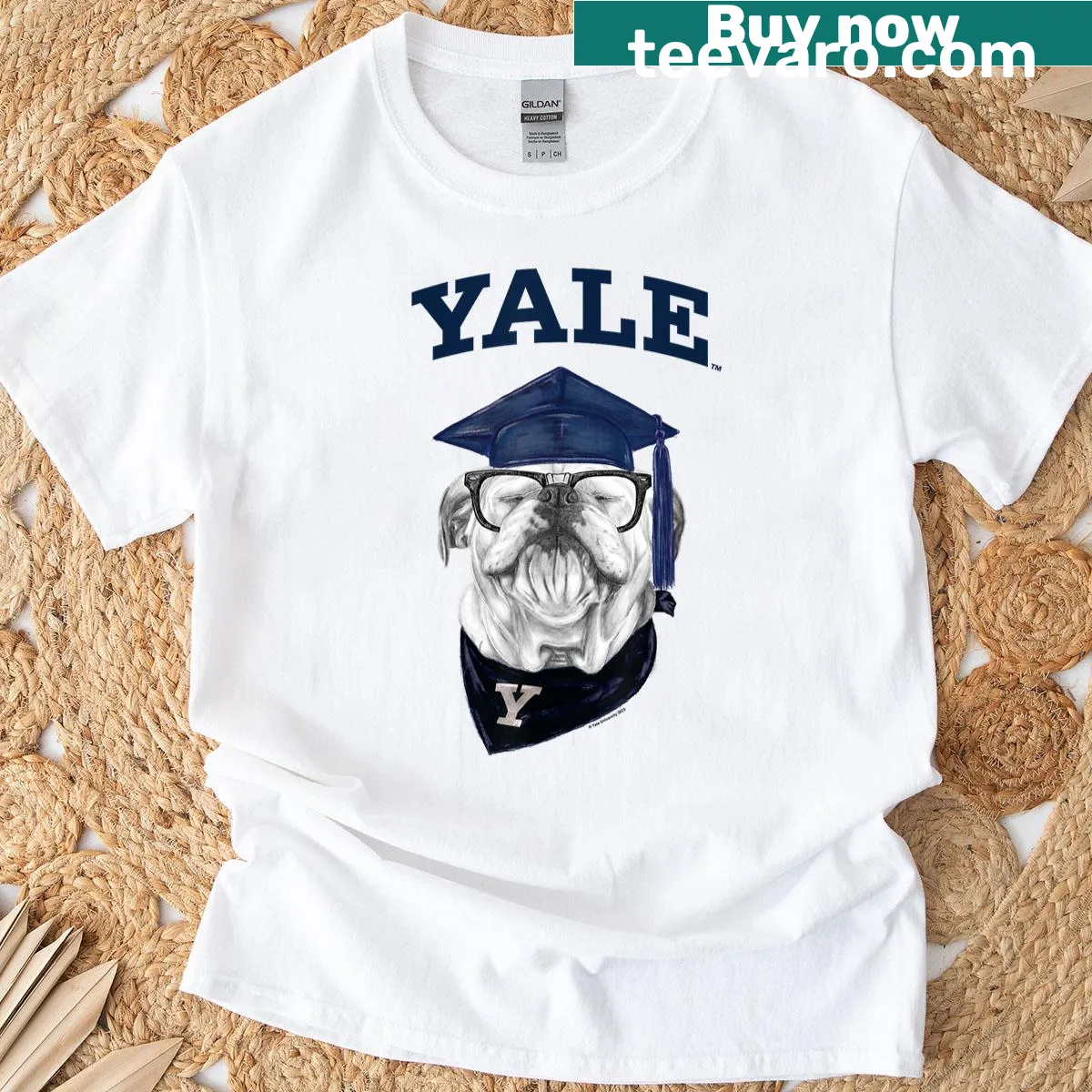 Yale University graduation t-shirt featuring Handsome Dan the bulldog — on a men's t-shirt