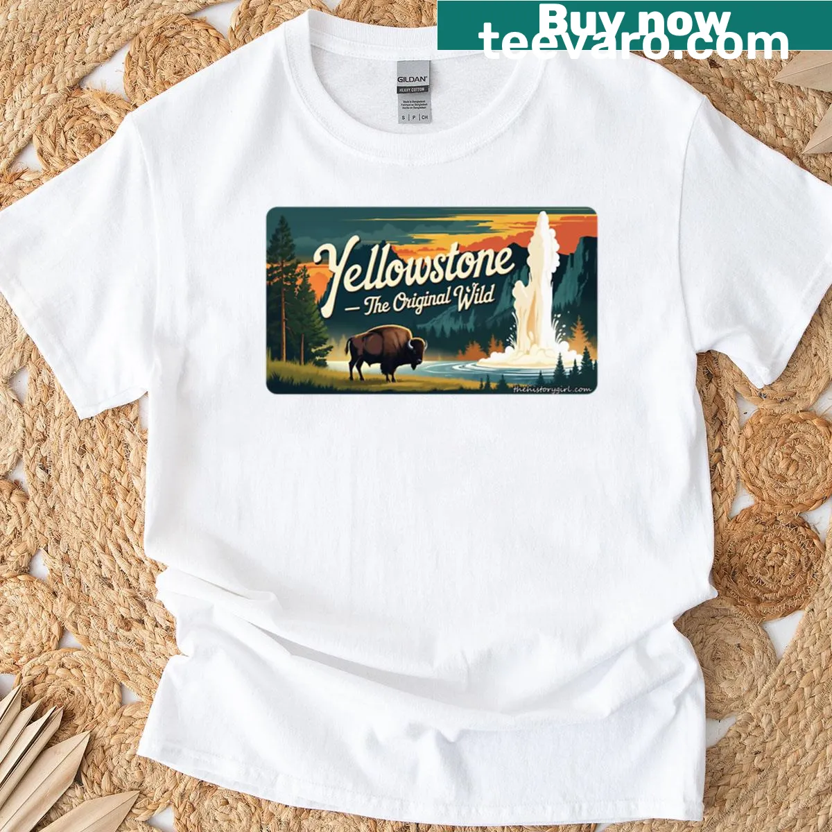 Illustrative Yellowstone T-shirt featuring iconic park imagery — on a men's t-shirt