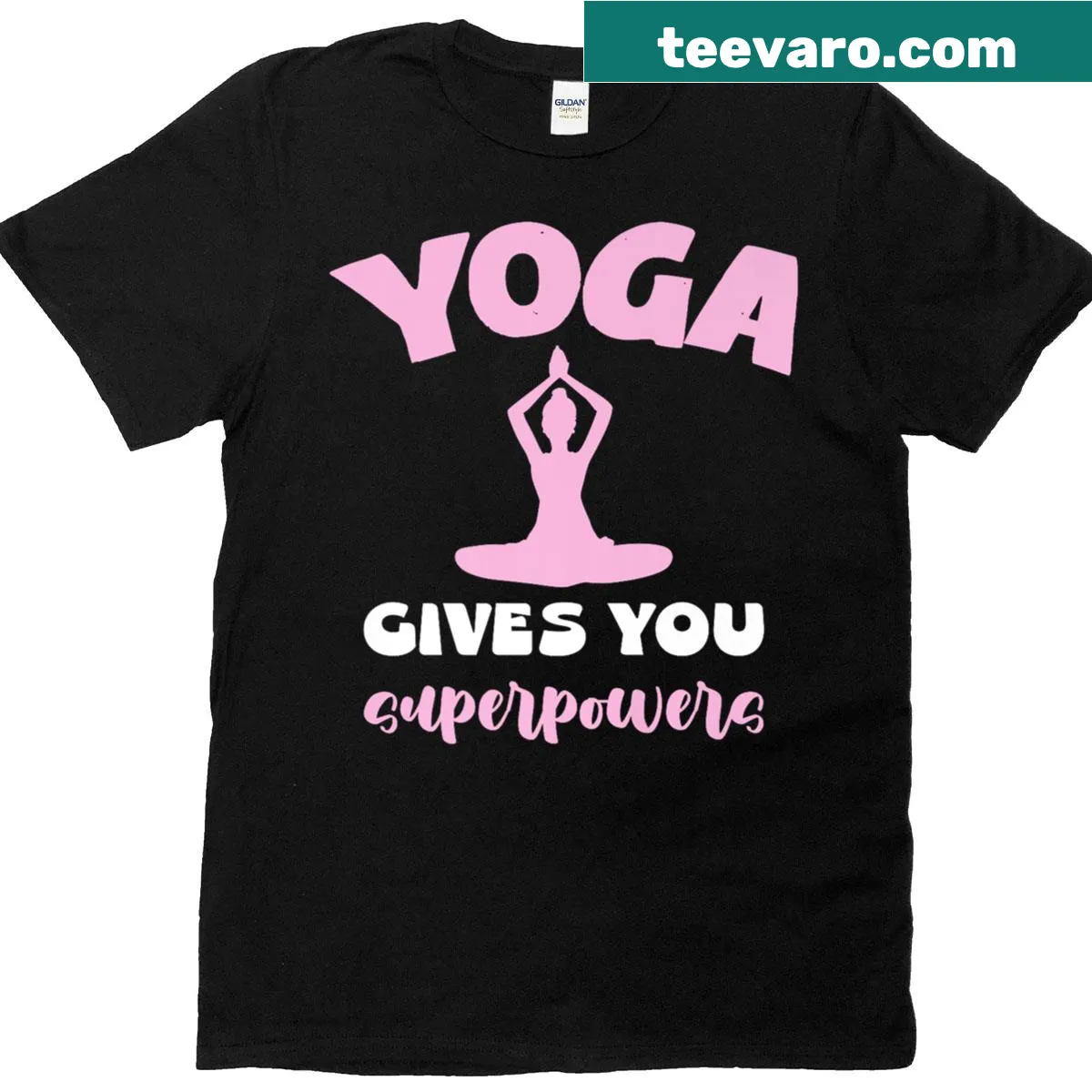 Funny quote t-shirt about yoga giving superpowers — on a men's t-shirt