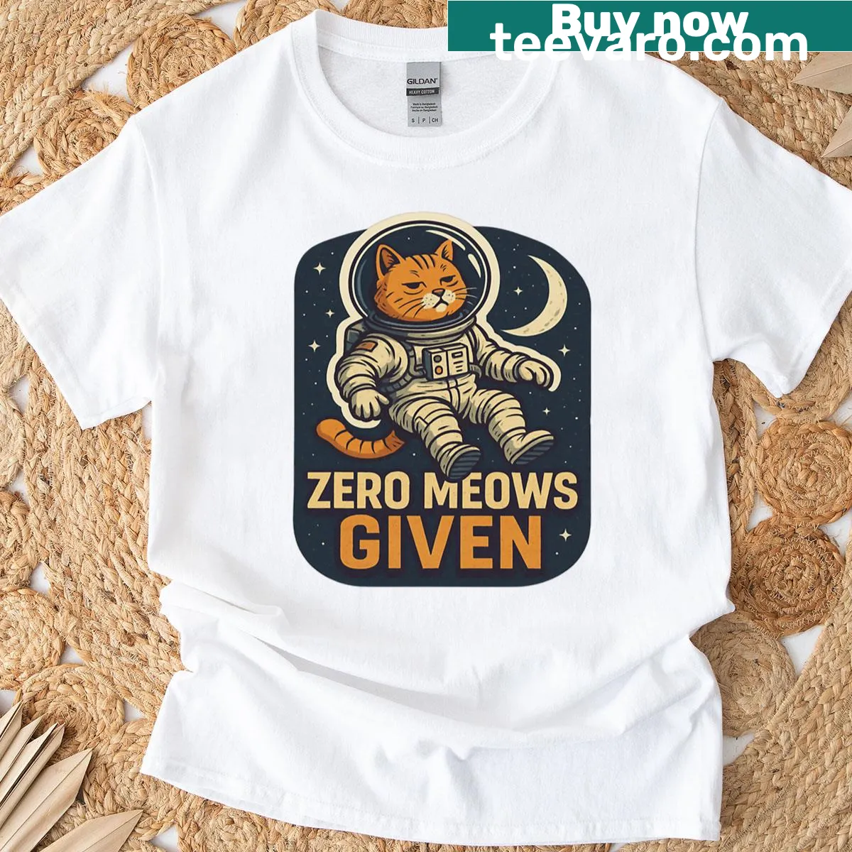 Humorous space cat t-shirt with playful text — on a men's t-shirt